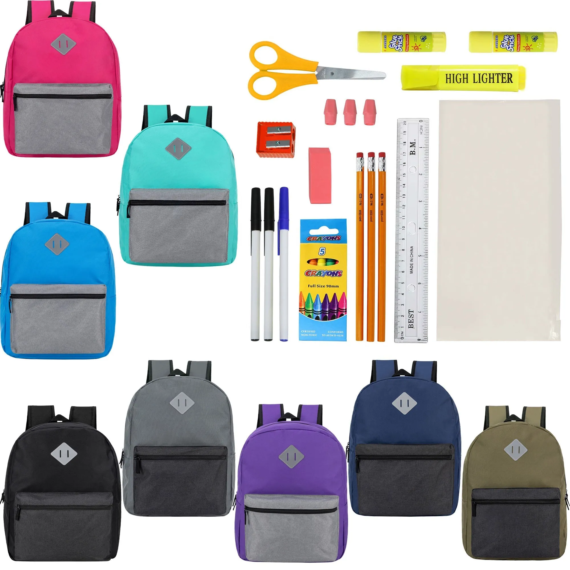 12 Wholesale 17" Diamond Patch Backpacks in 8 Colors & 12 Bulk School Supply Kits of Your Choice