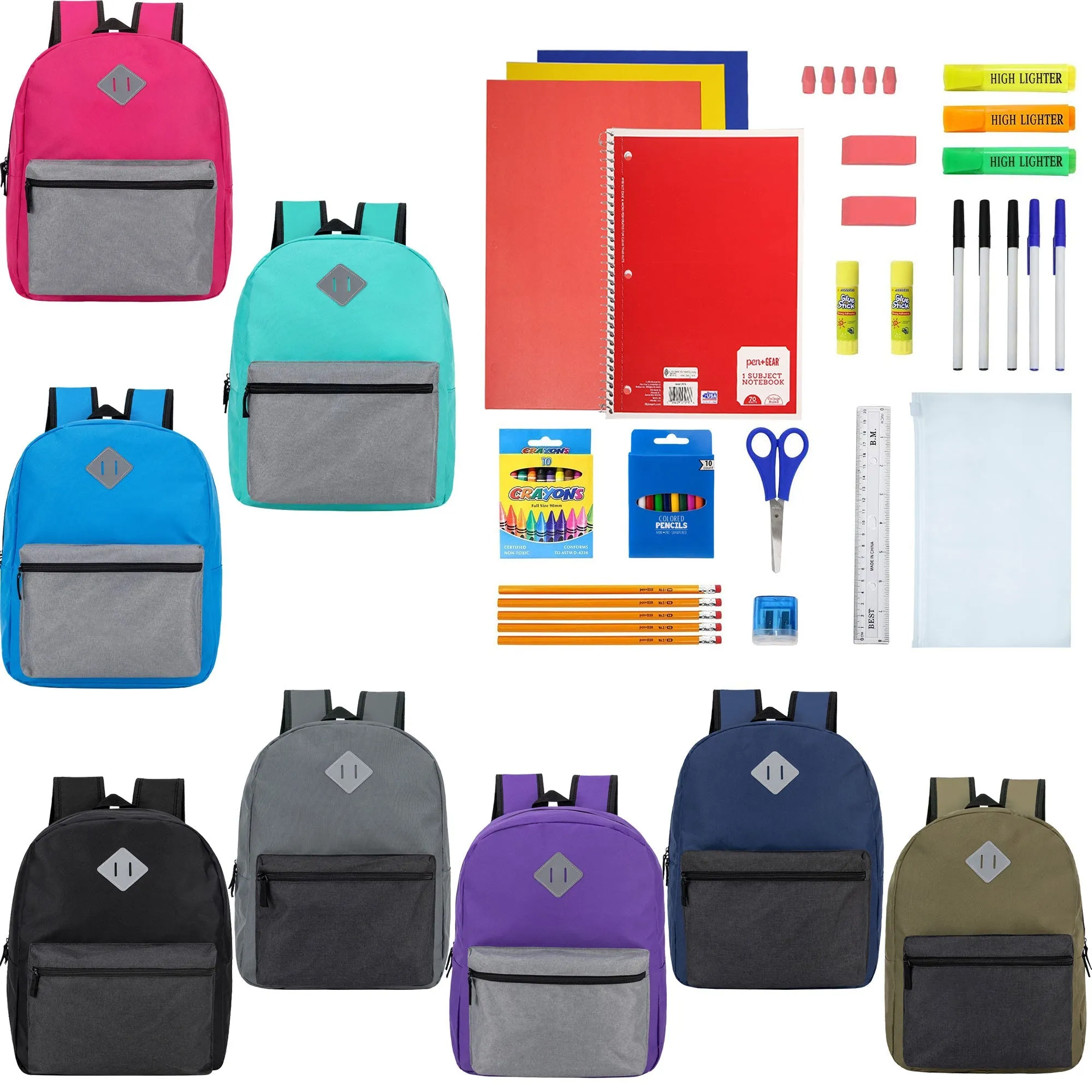 12 Wholesale 17" Diamond Patch Backpacks in 8 Colors & 12 Bulk School Supply Kits of Your Choice