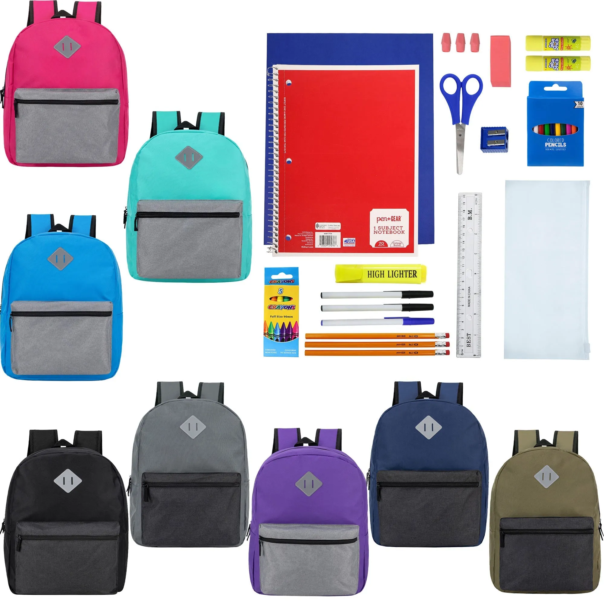 12 Wholesale 17" Diamond Patch Backpacks in 8 Colors & 12 Bulk School Supply Kits of Your Choice