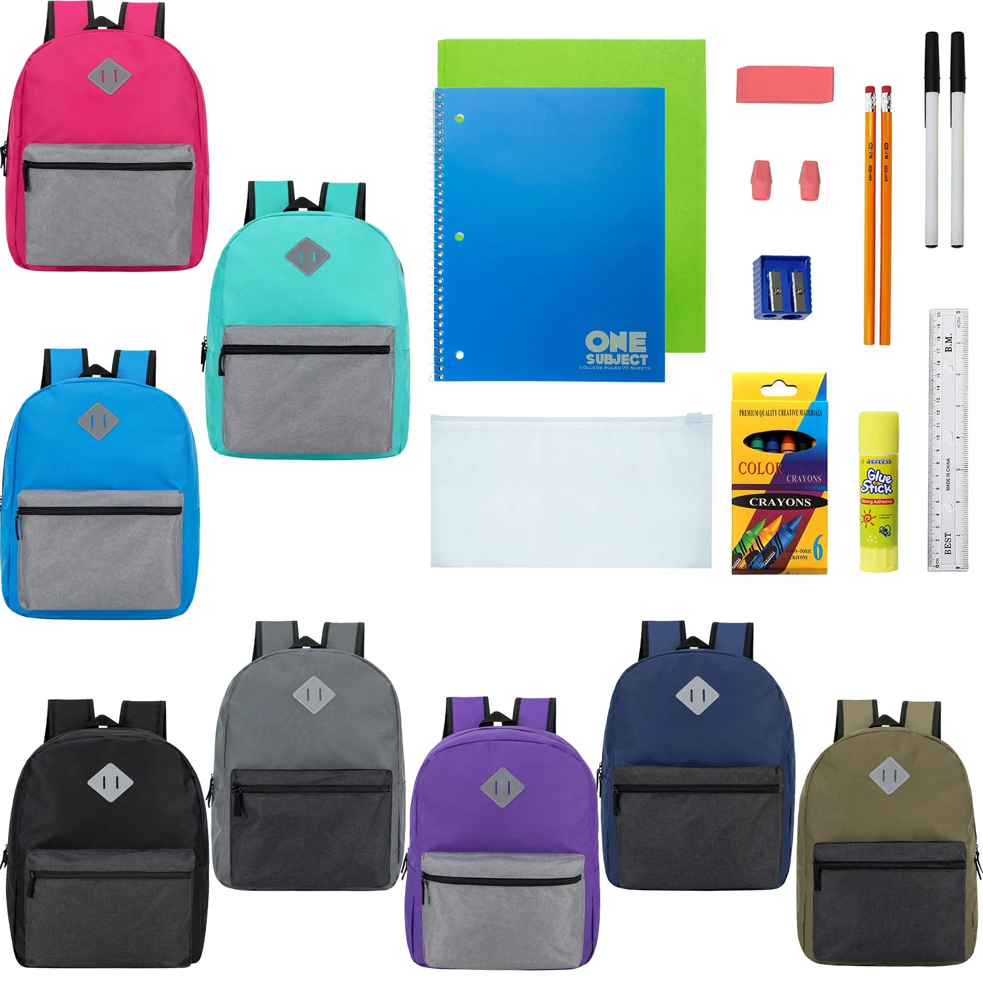 12 Wholesale 17" Diamond Patch Backpacks in 8 Colors & 12 Bulk School Supply Kits of Your Choice