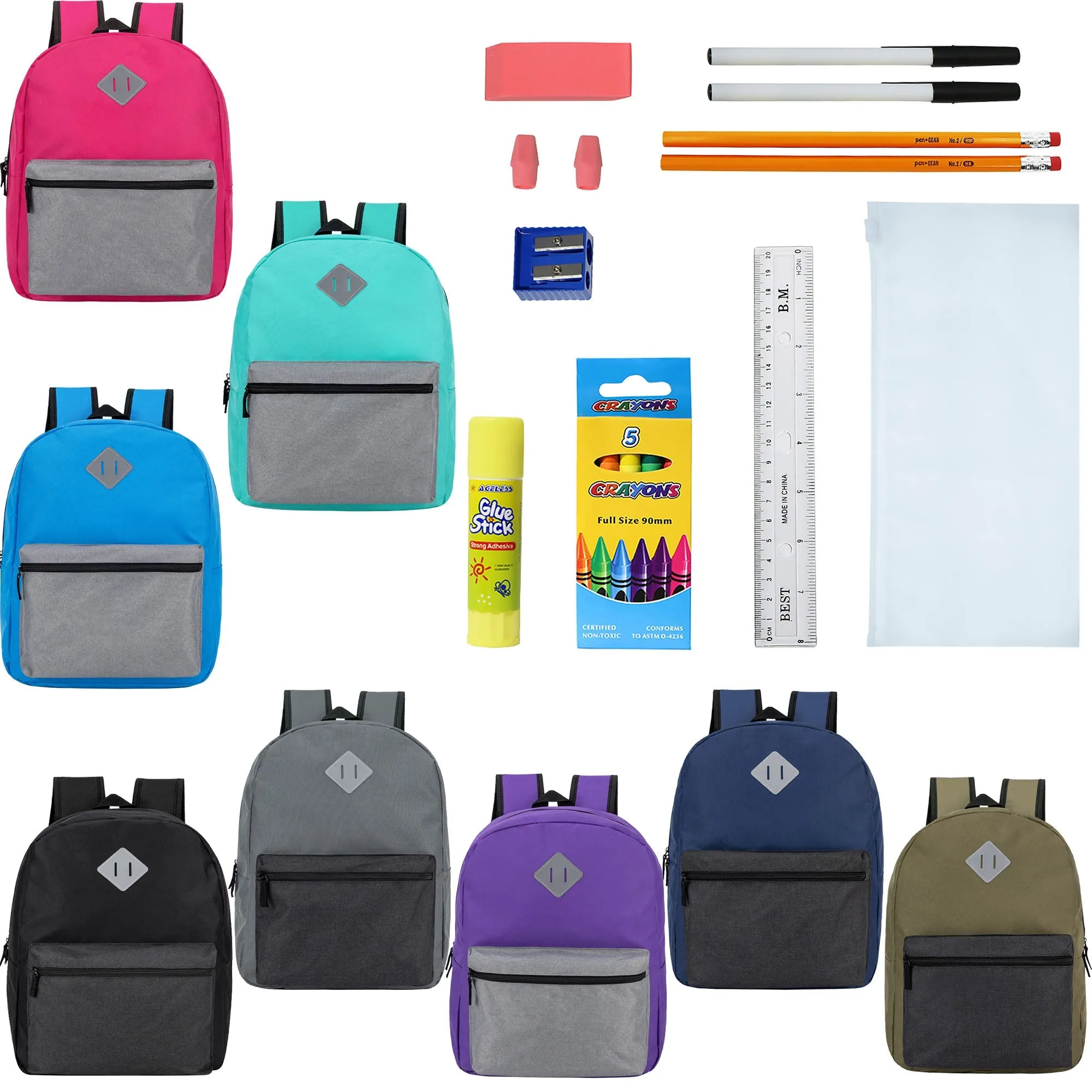 12 Wholesale 17" Diamond Patch Backpacks in 8 Colors & 12 Bulk School Supply Kits of Your Choice