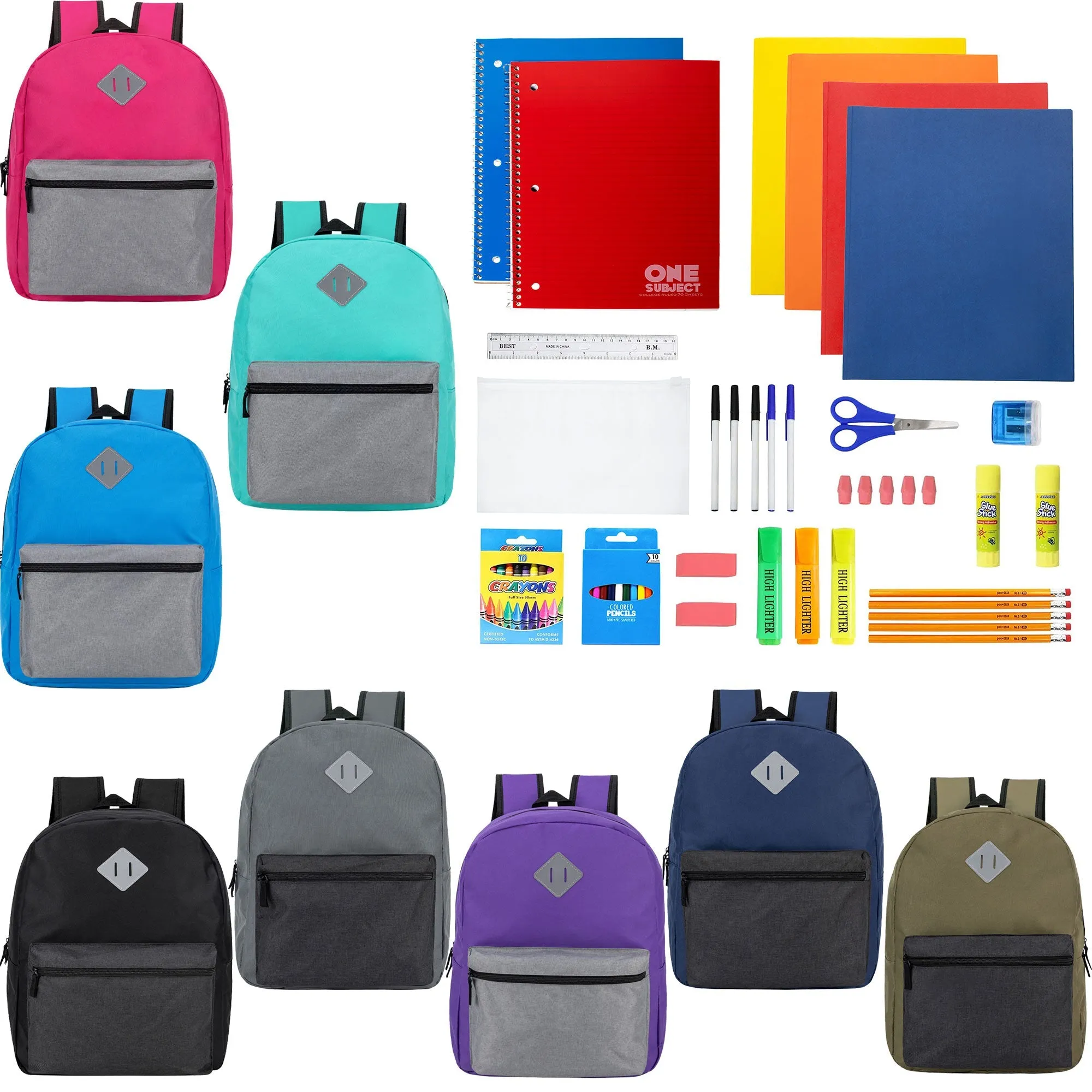 12 Wholesale 17" Diamond Patch Backpacks in 8 Colors & 12 Bulk School Supply Kits of Your Choice