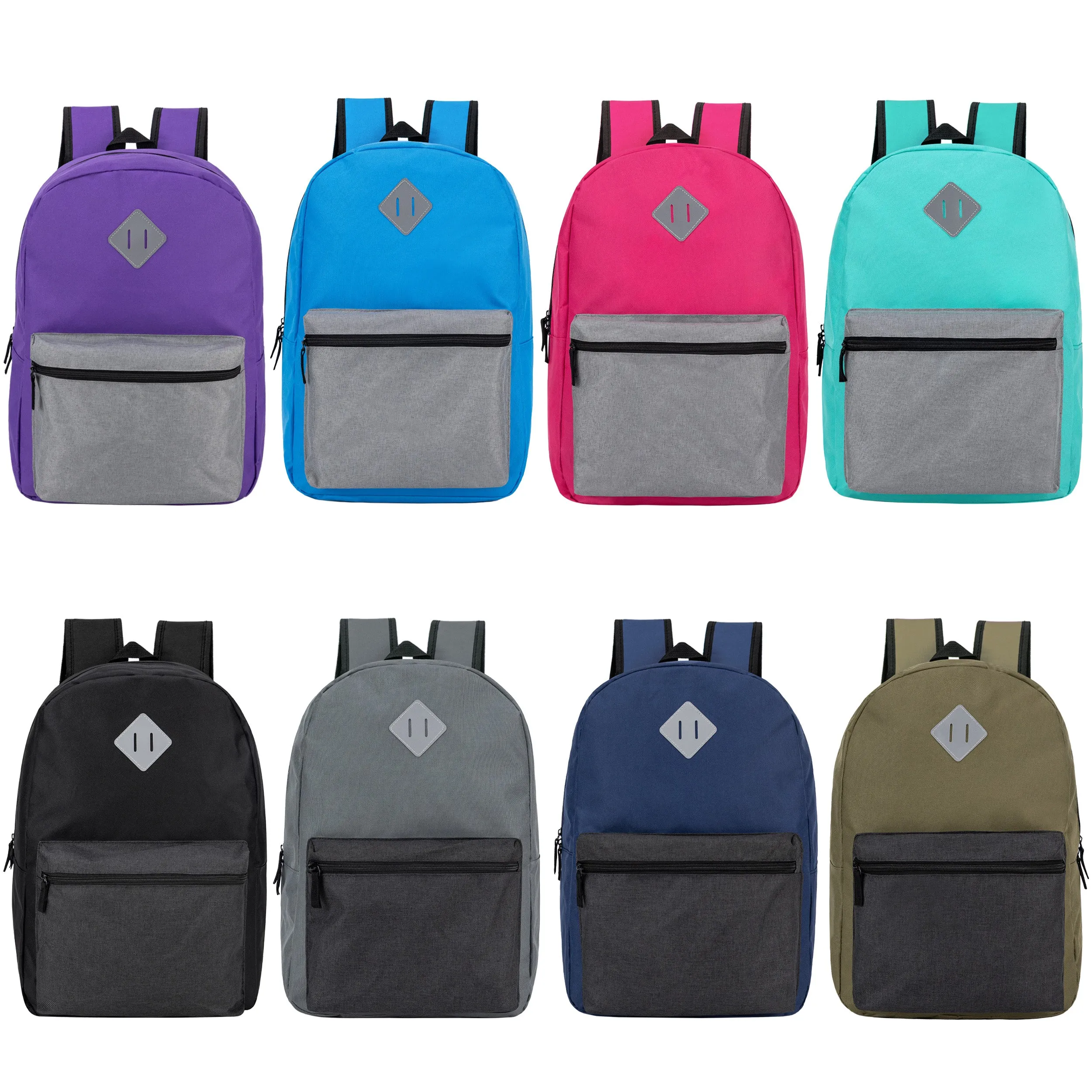 12 Wholesale 17" Diamond Patch Backpacks in 8 Colors & 12 Bulk School Supply Kits of Your Choice