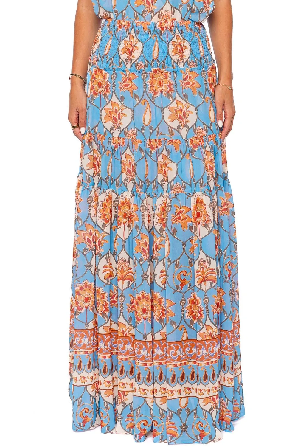 Elegant Floral Print Maxi Skirt with Caged Bar Detail and Smocked Waist