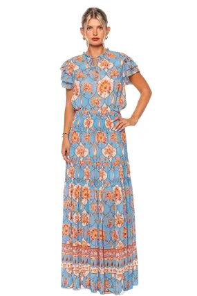 Elegant Floral Print Maxi Skirt with Caged Bar Detail and Smocked Waist