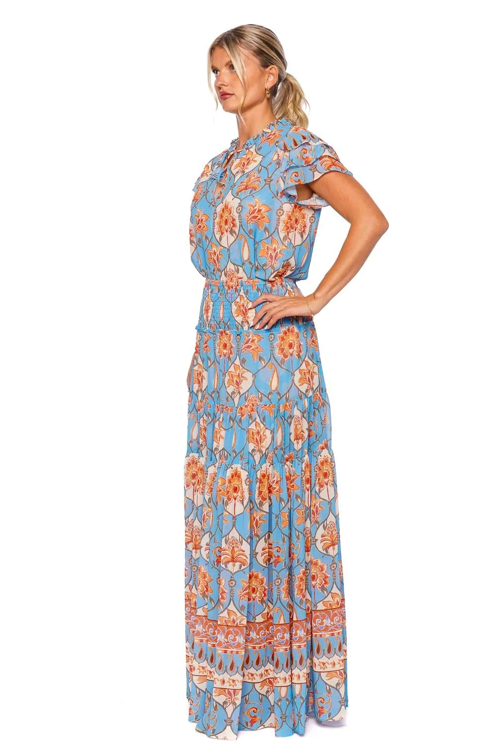 Elegant Floral Print Maxi Skirt with Caged Bar Detail and Smocked Waist