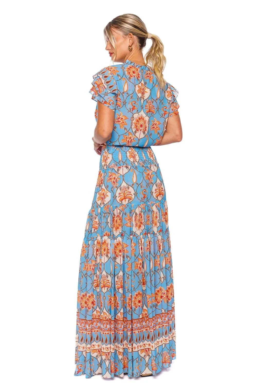 Elegant Floral Print Maxi Skirt with Caged Bar Detail and Smocked Waist