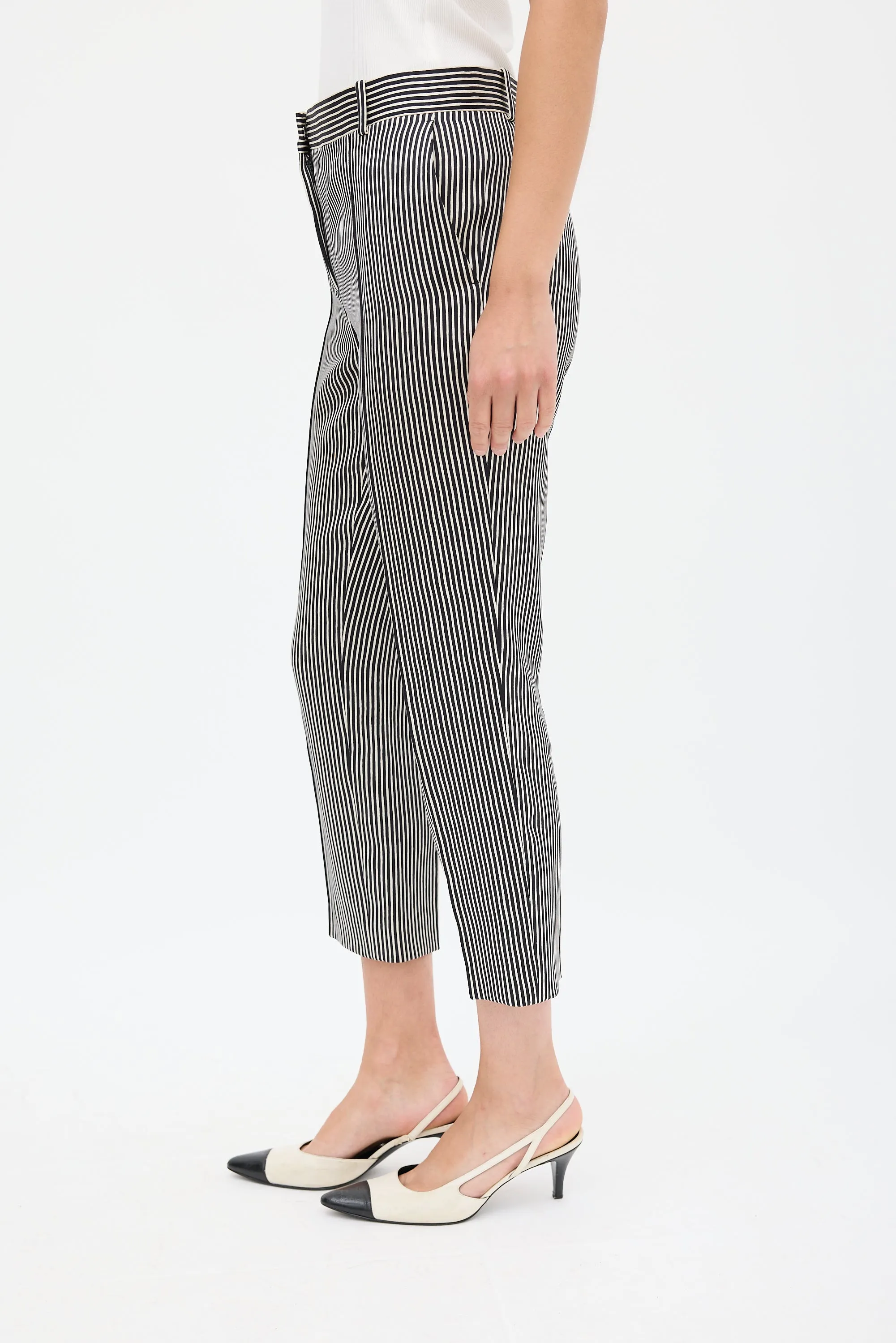 Black & White Silk & Wool Striped Cropped Trouser
