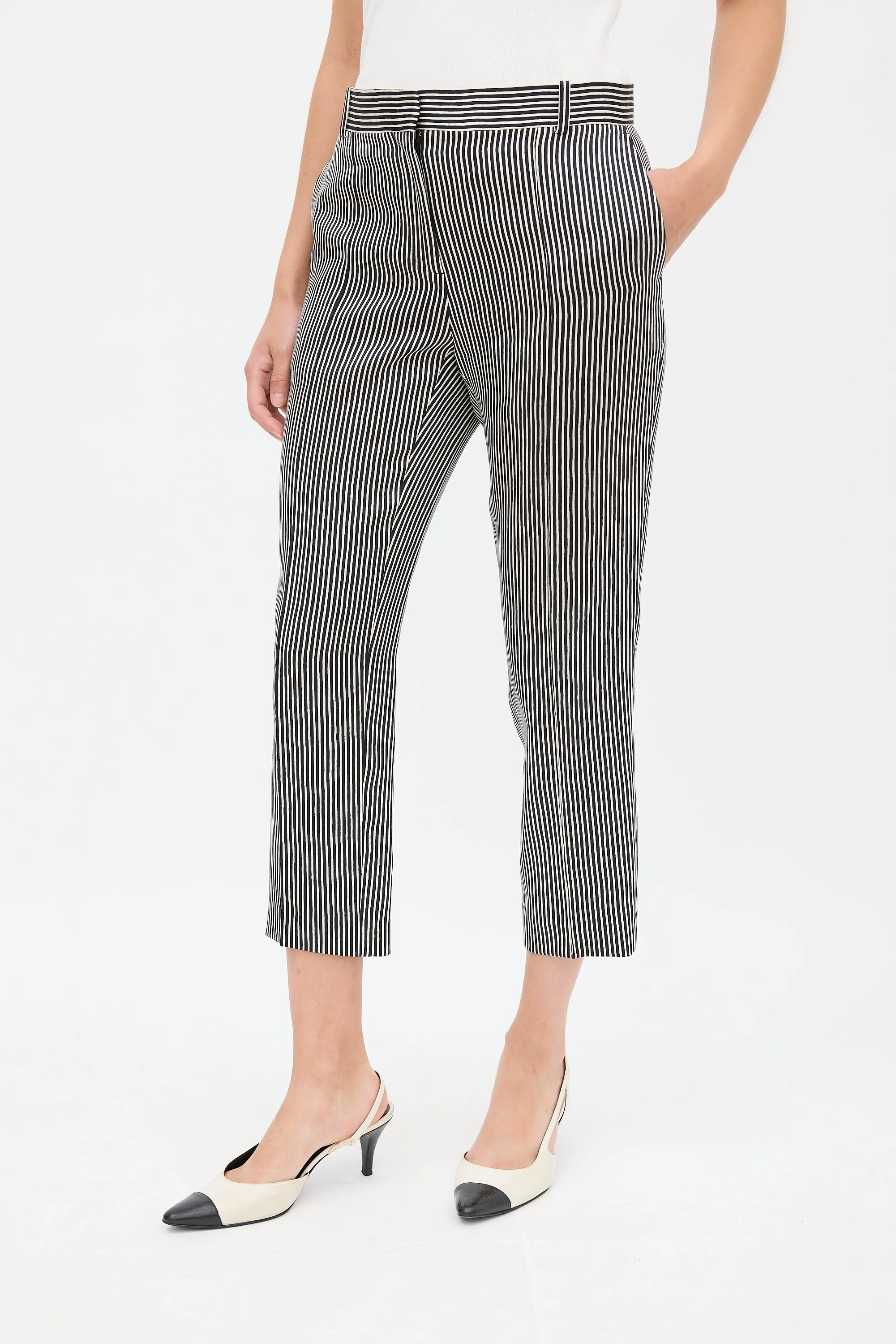 Black & White Silk & Wool Striped Cropped Trouser