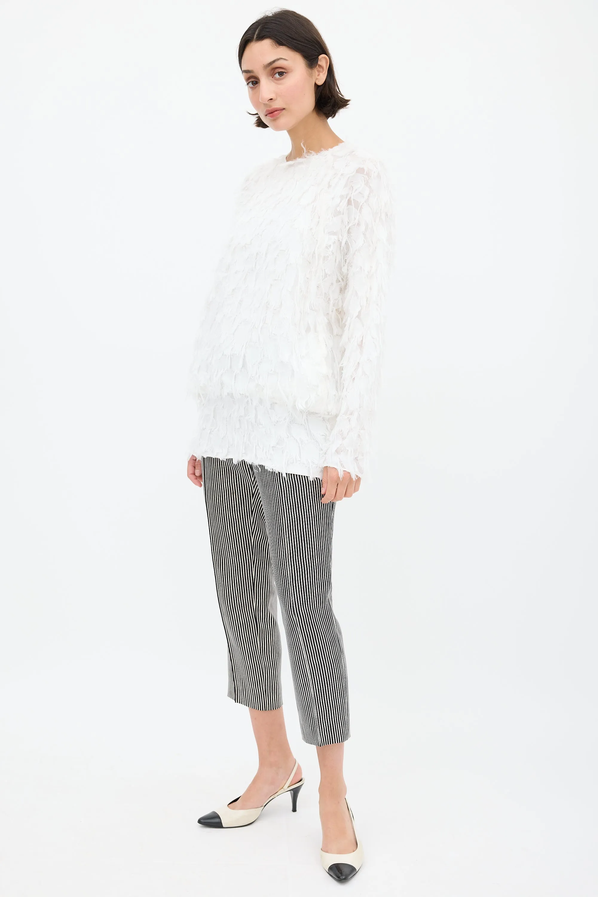 Black & White Silk & Wool Striped Cropped Trouser