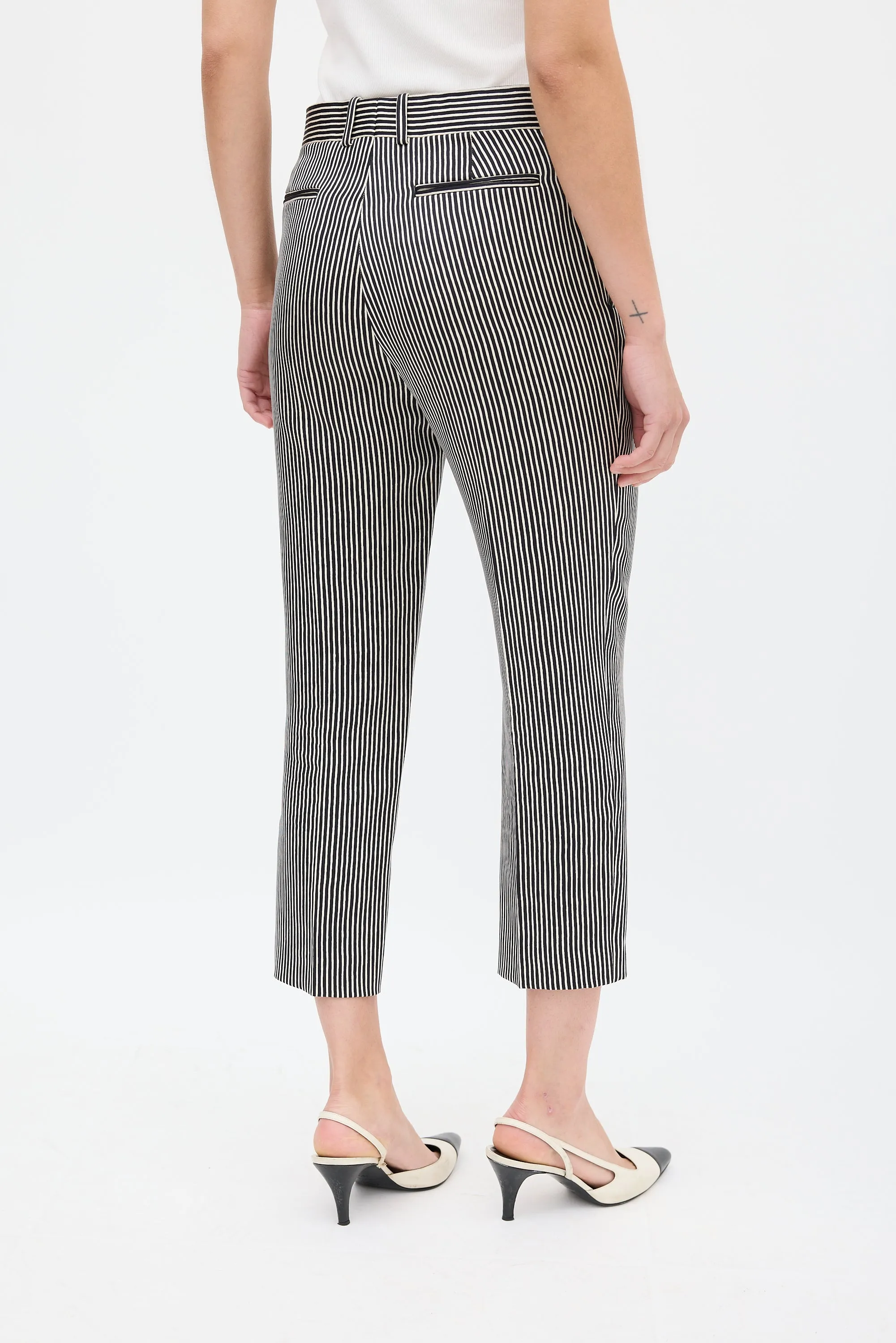 Black & White Silk & Wool Striped Cropped Trouser