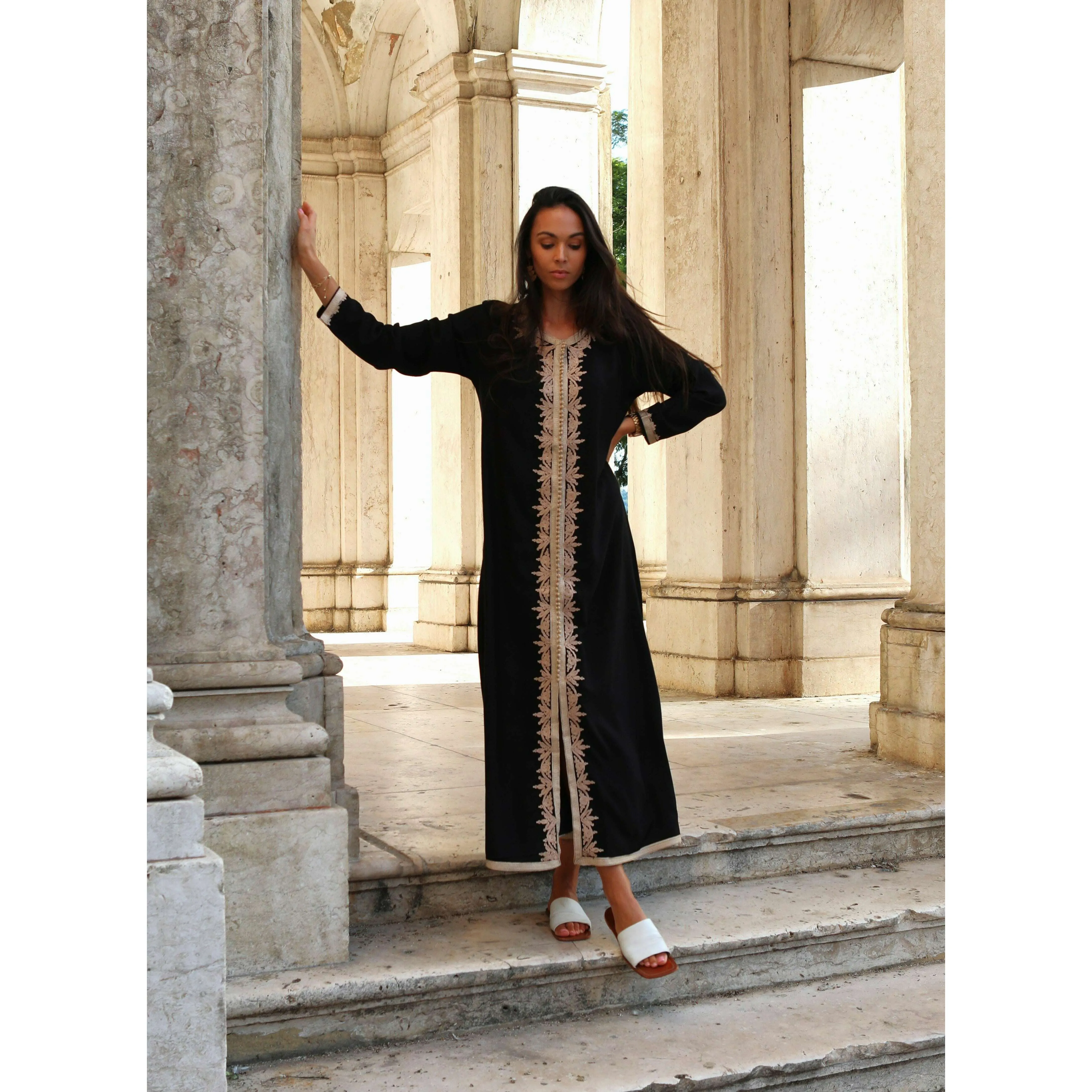 Black Beige Karima Kaftan Caftan-Moroccan Kaftan