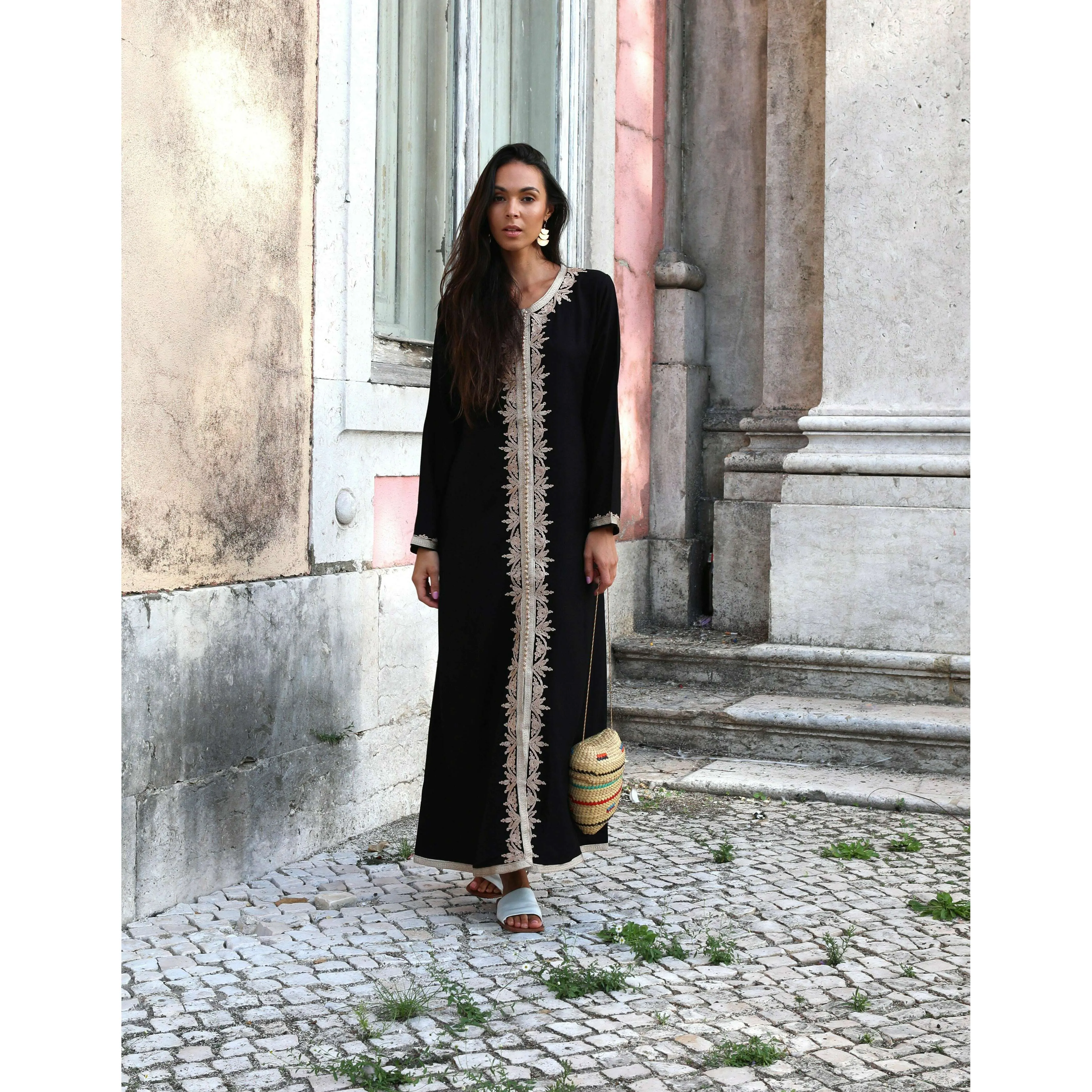 Black Beige Karima Kaftan Caftan-Moroccan Kaftan