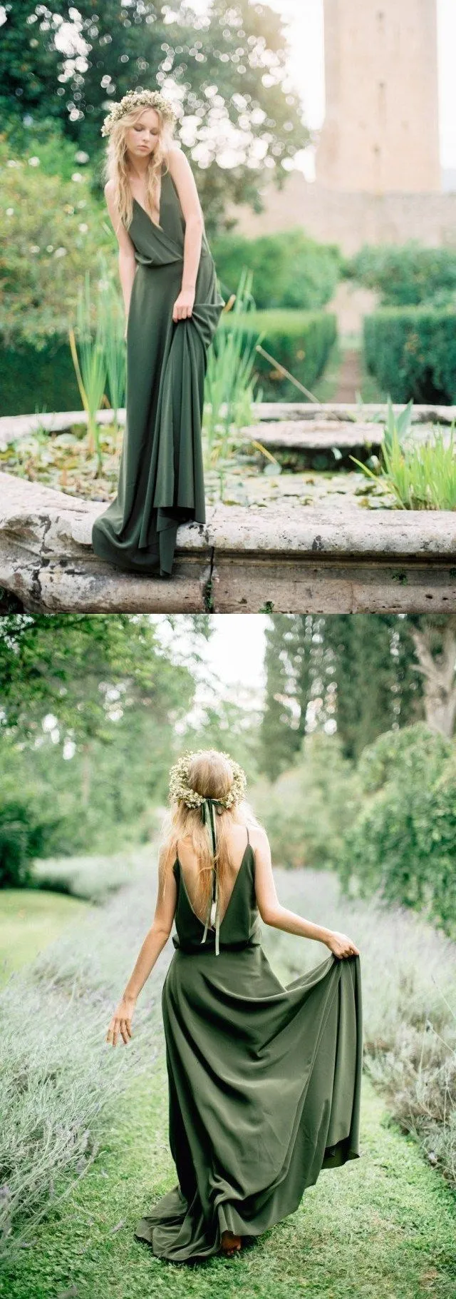 Cheap Green Chiffon Country Spaghetti Backless Long Bridesmaid Dresses,Wedding Party Gowns,WGY0211