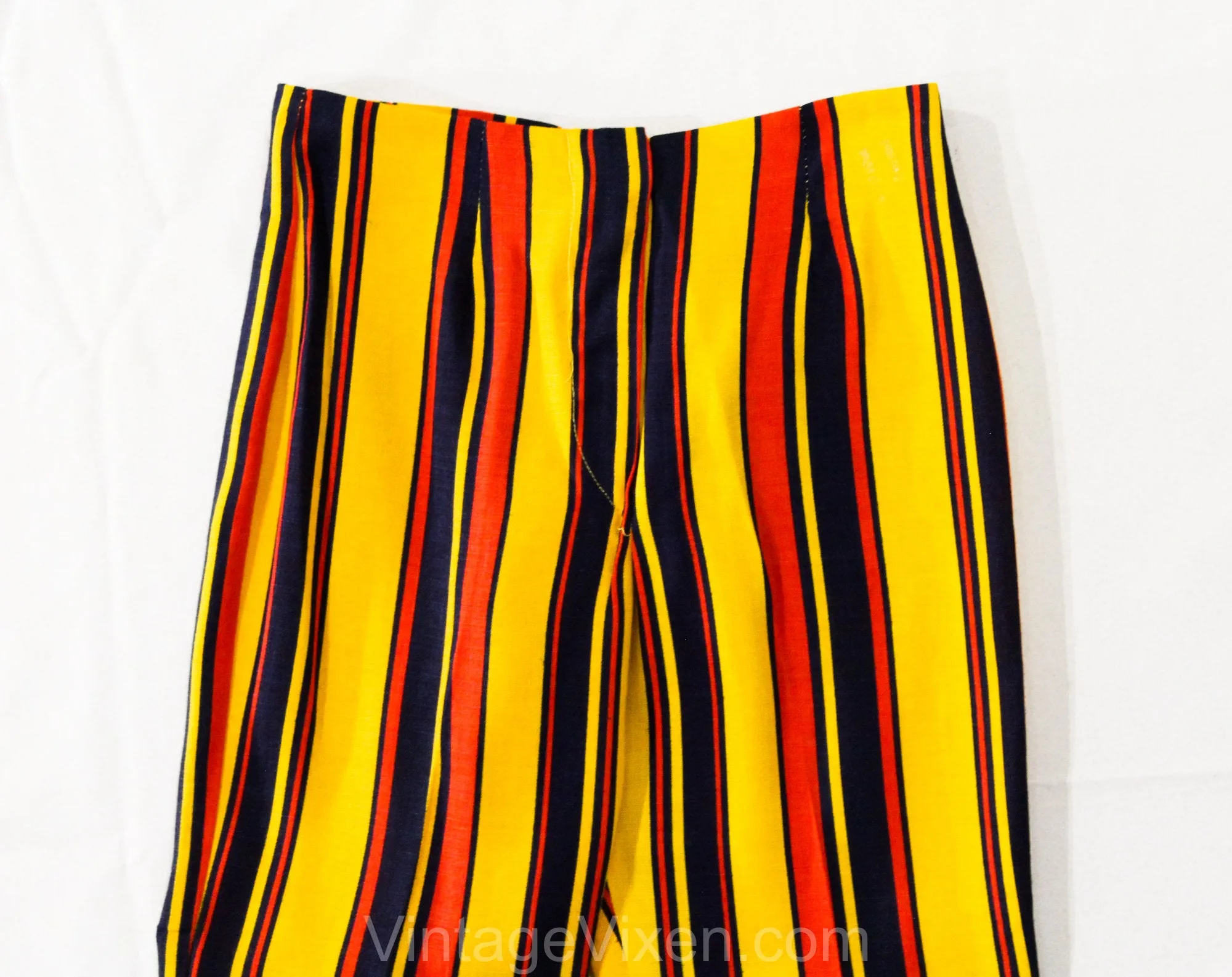 Child's Size 7 1960s Pants - Girls Mod Circus Stripes Wide Leg Trousers - Yellow Red Navy Blue 60s Children's Bell Bottoms - Waist 22