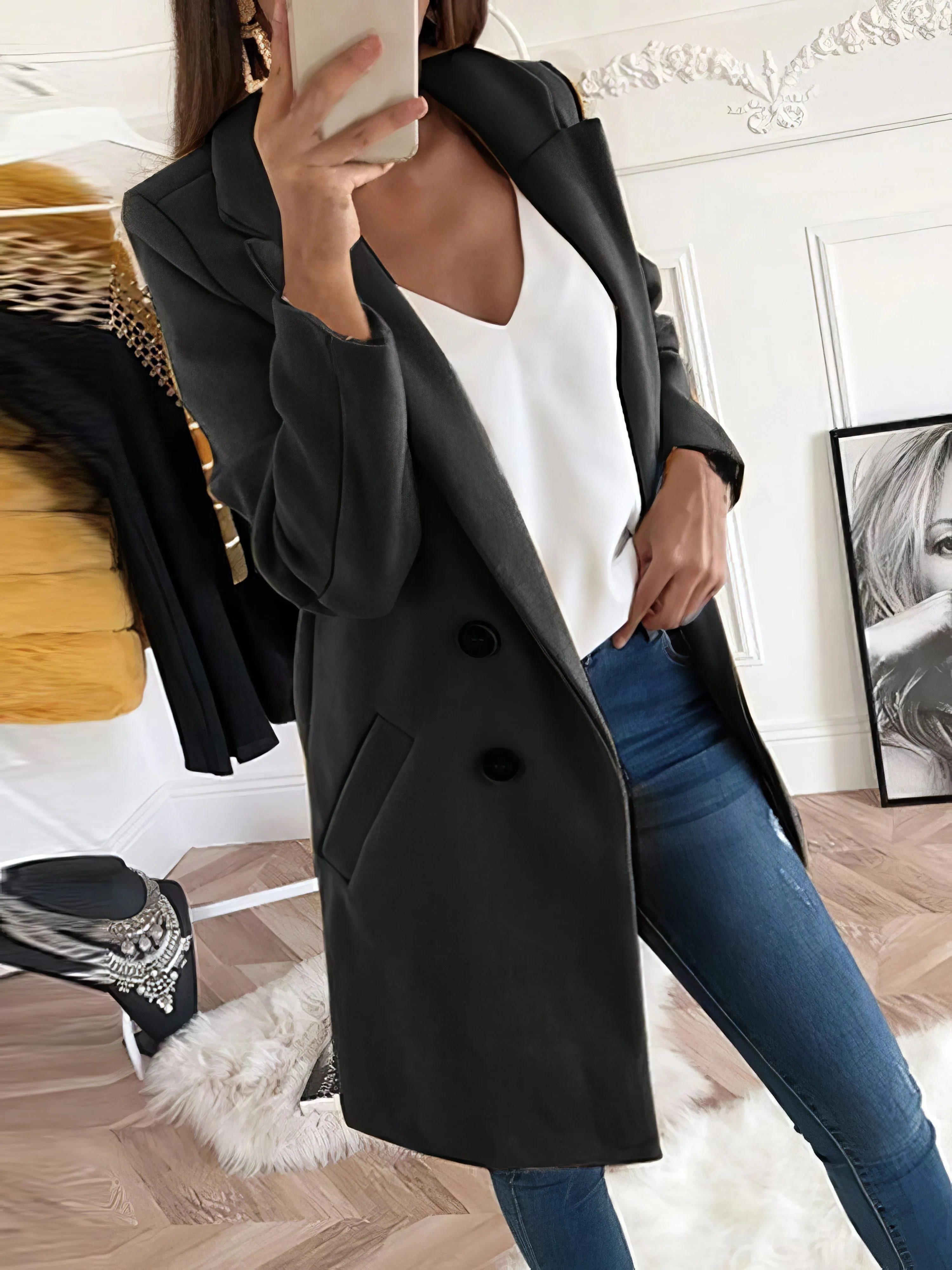 Coats Lapel Mid-Length Double-Breasted Woolen Coat for Women