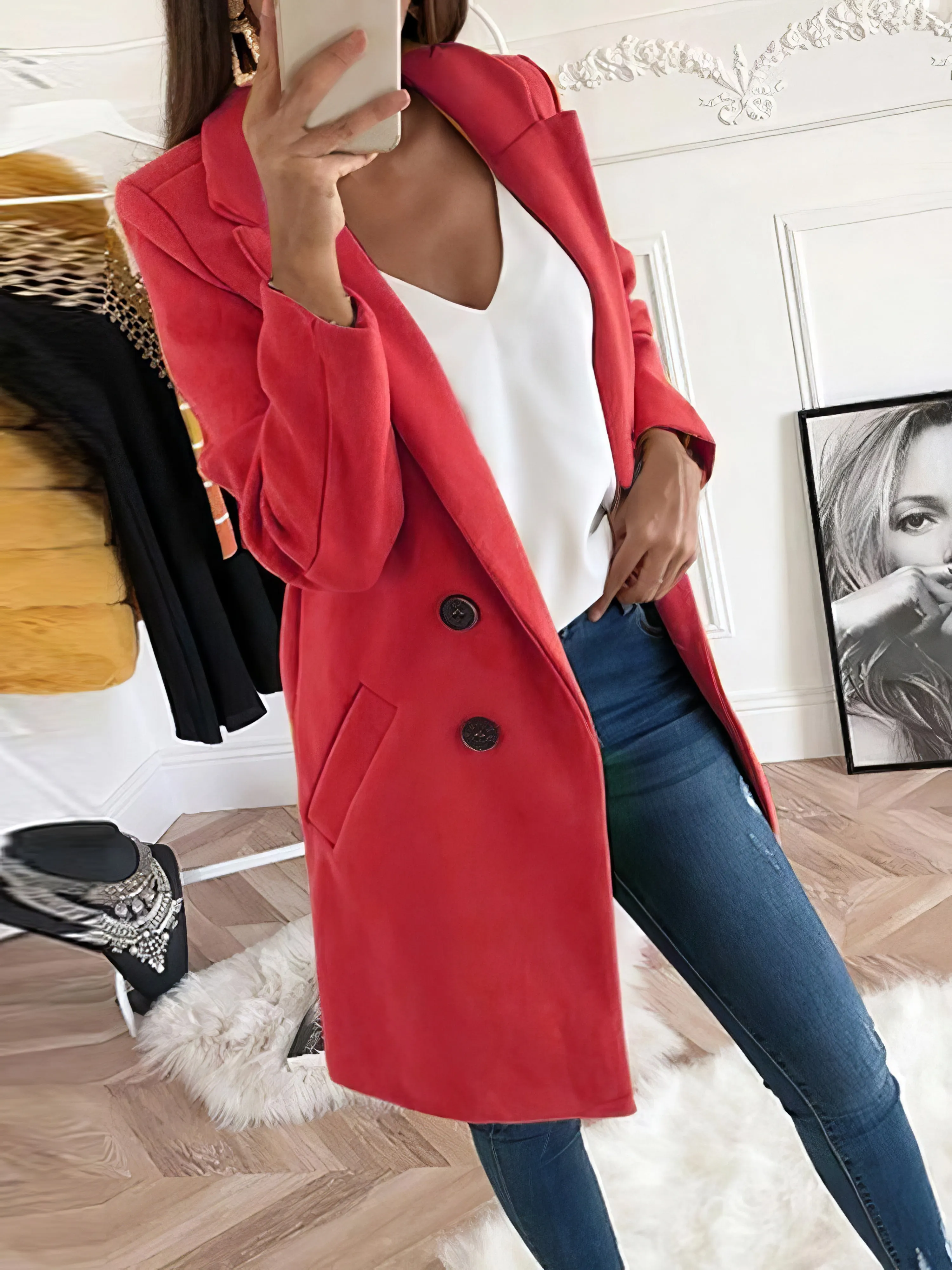 Coats Lapel Mid-Length Double-Breasted Woolen Coat for Women