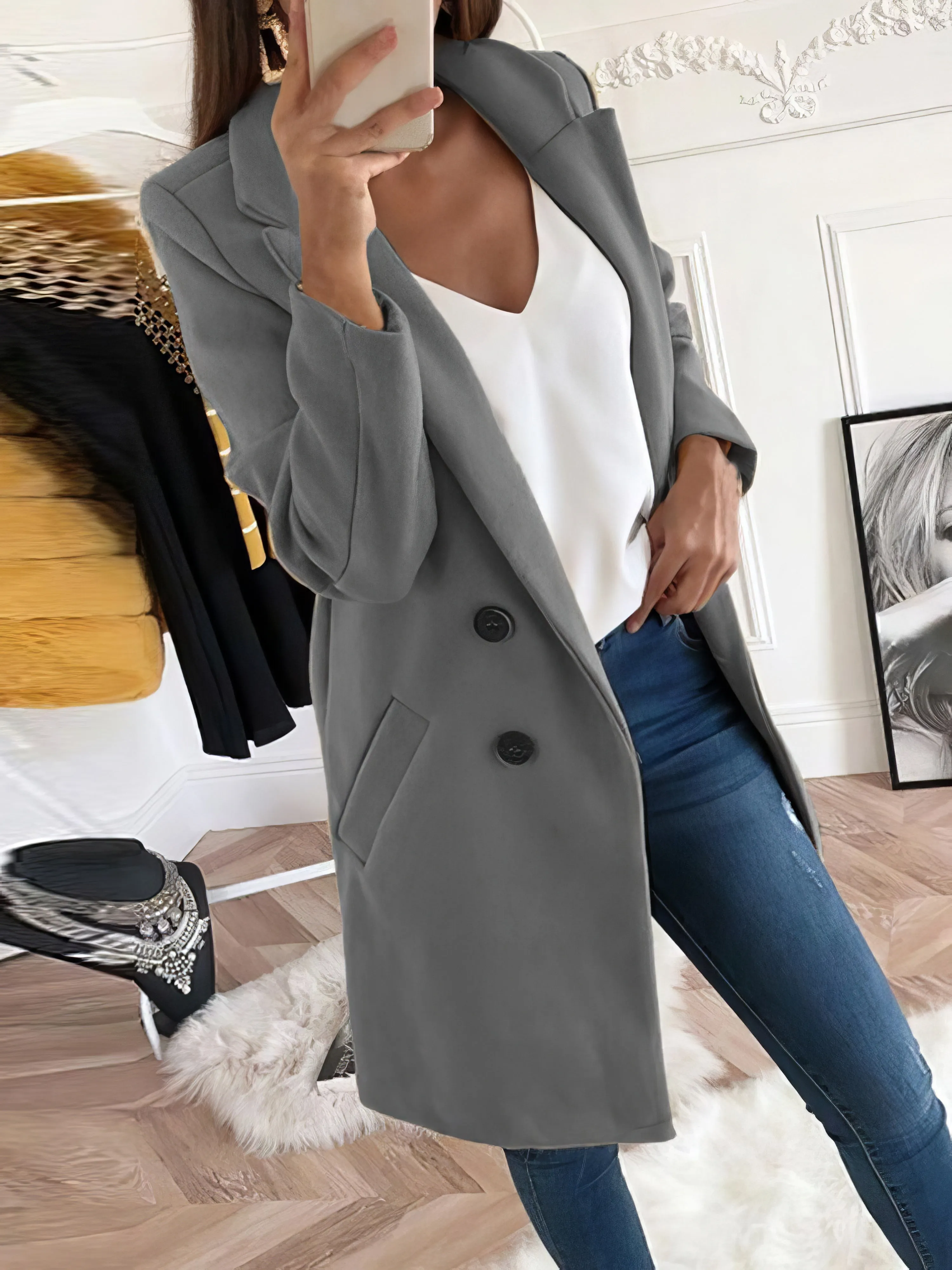 Coats Lapel Mid-Length Double-Breasted Woolen Coat for Women