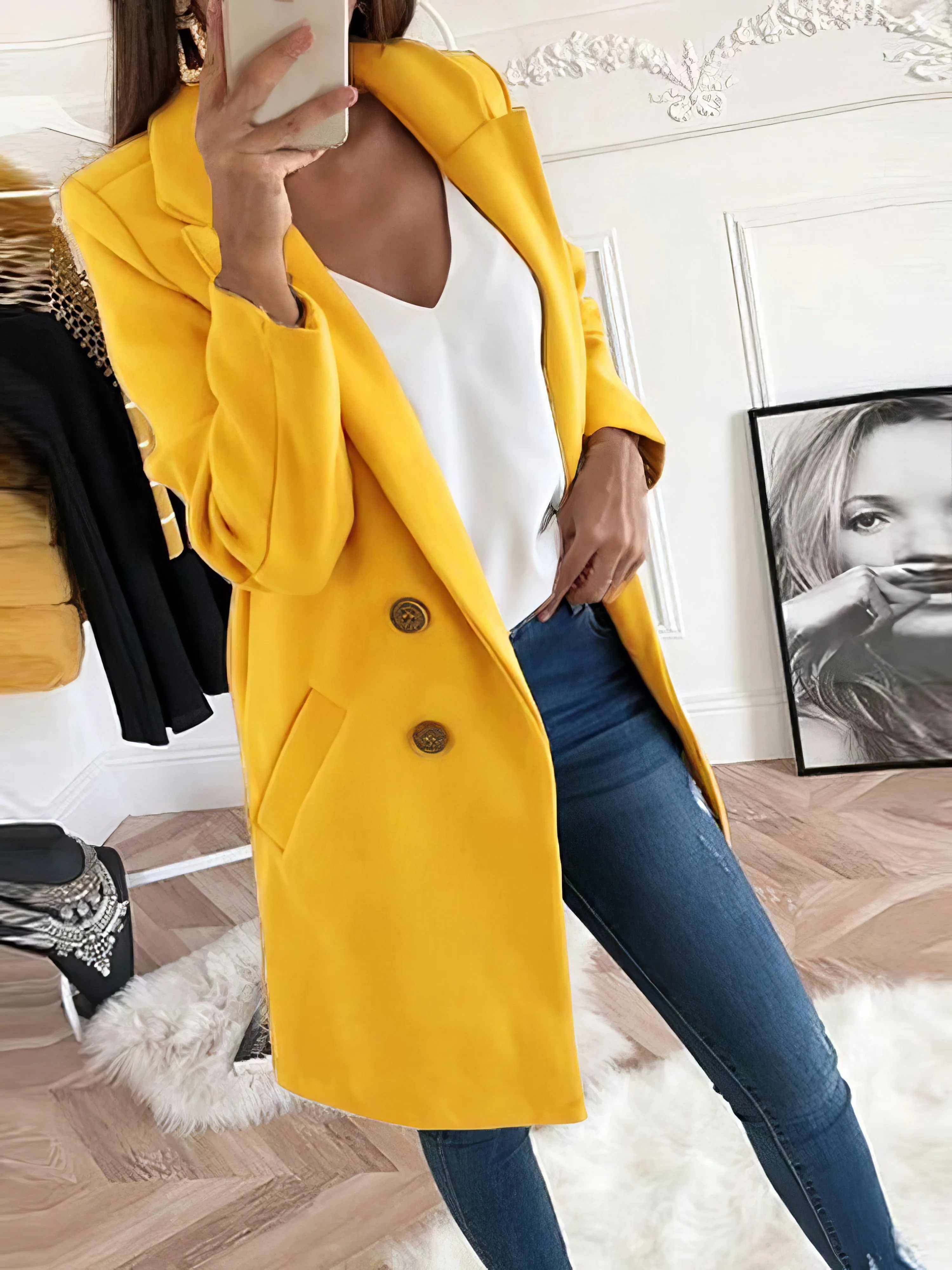 Coats Lapel Mid-Length Double-Breasted Woolen Coat for Women