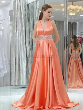 Coral A-Line V-Neck Sleeveless Satin Custom Long Prom Dresses With Beads, Evening Dresses LMX1139