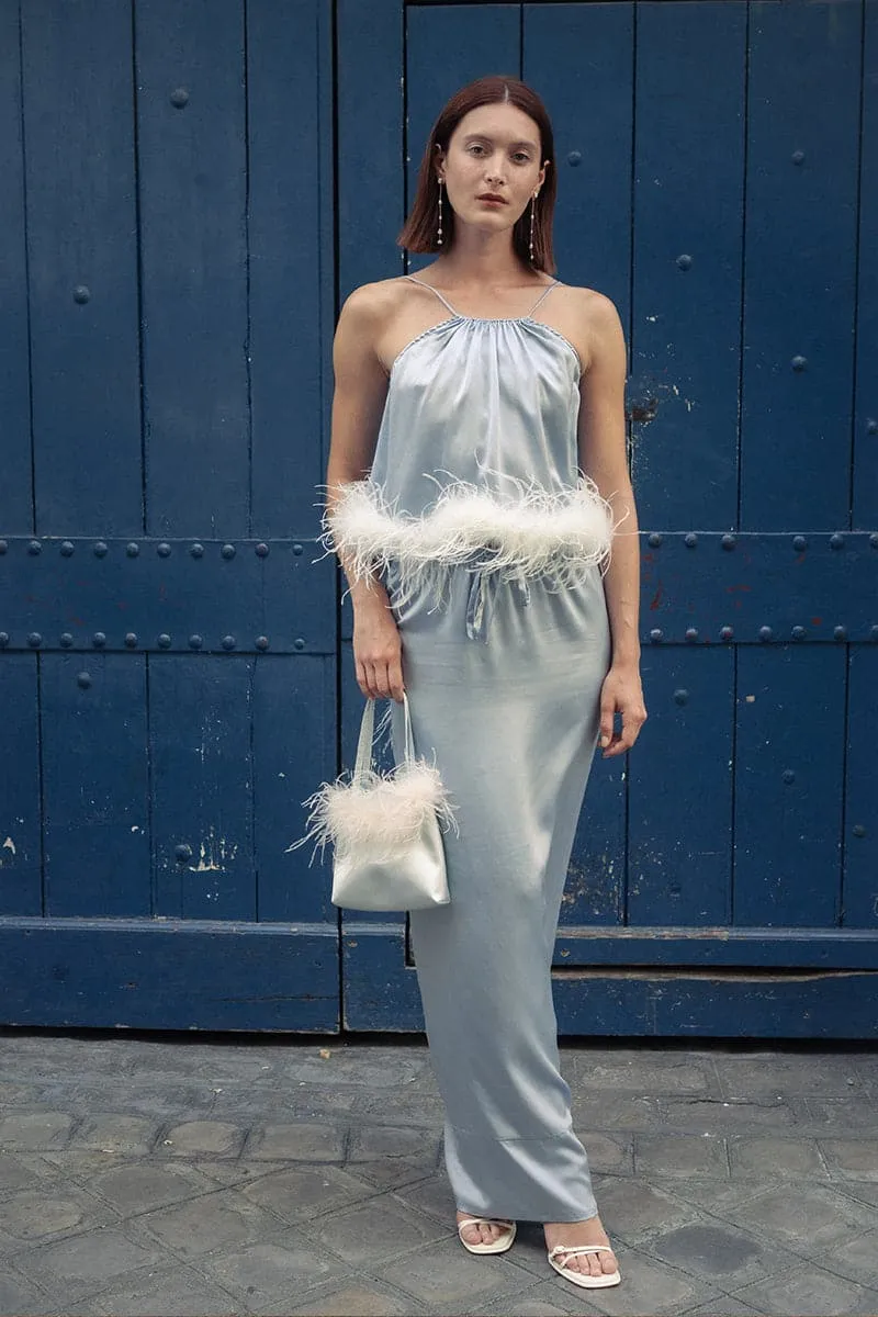 CRYSTAL BLUE BRIDE-TO-BE HALTER NECK SILK TOP WITH REMOVABLE FEATHERS
