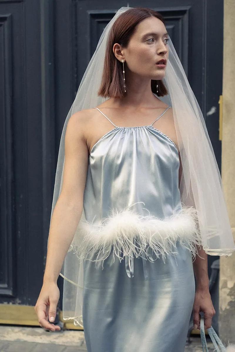 CRYSTAL BLUE BRIDE-TO-BE HALTER NECK SILK TOP WITH REMOVABLE FEATHERS