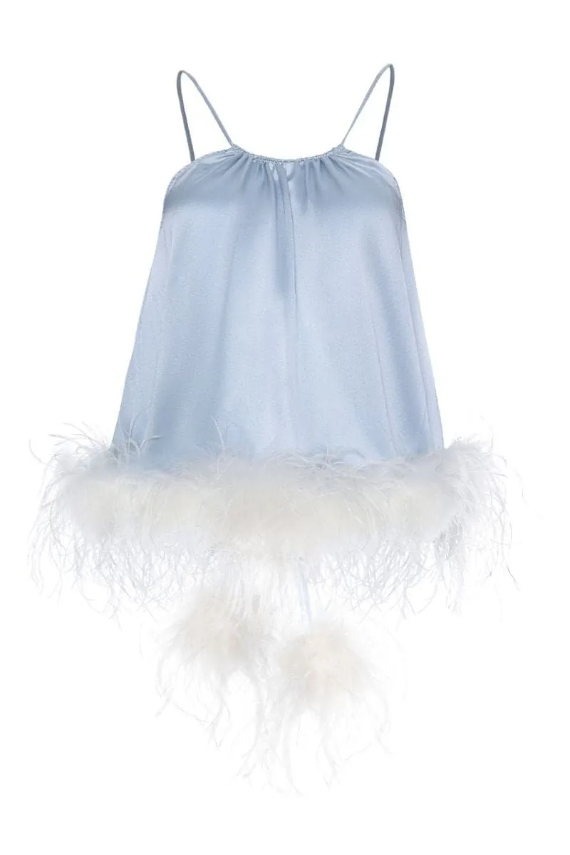 CRYSTAL BLUE BRIDE-TO-BE HALTER NECK SILK TOP WITH REMOVABLE FEATHERS