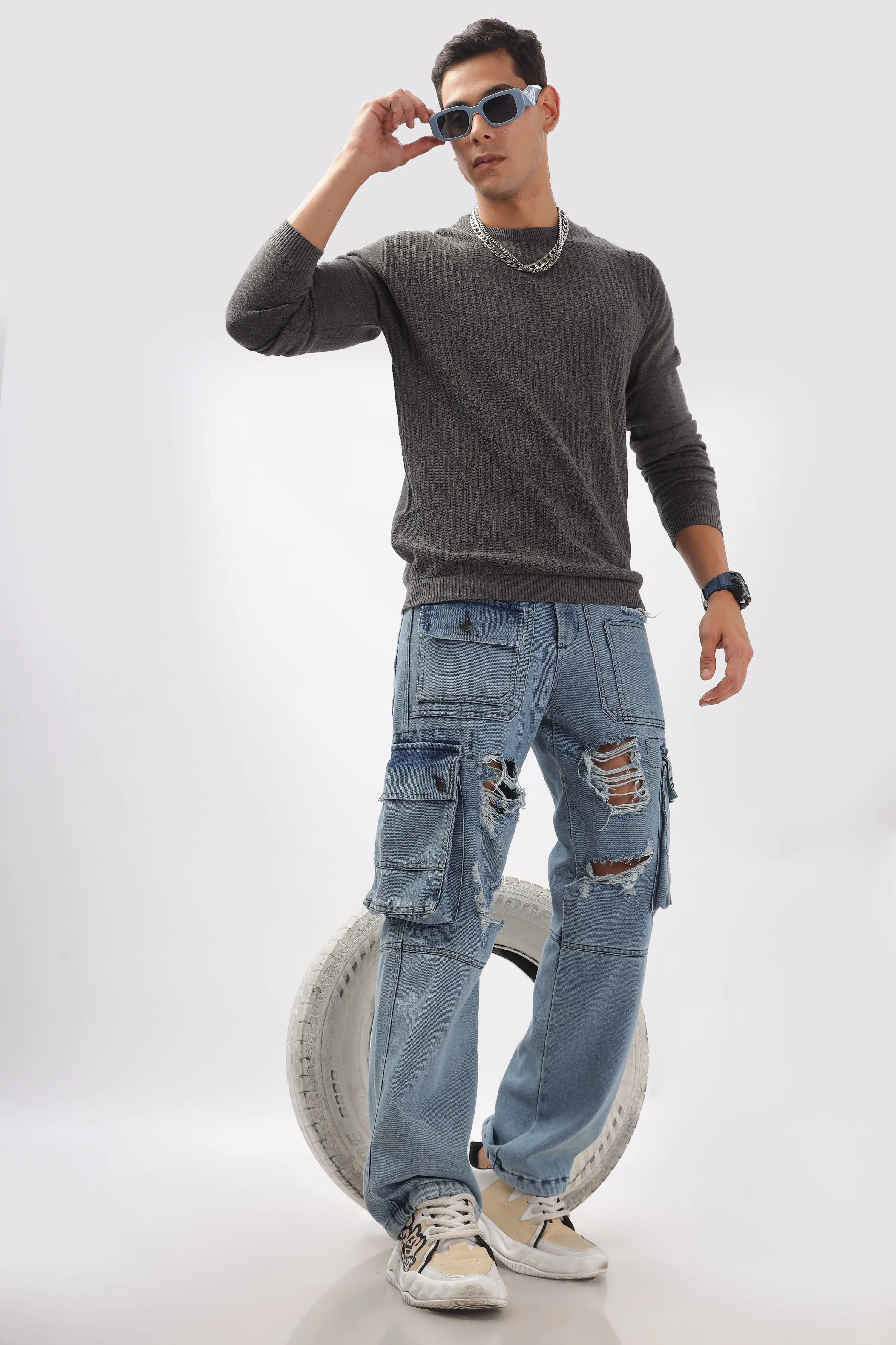 Diamond Knitted Gray Full-Sleeve T-Shirt