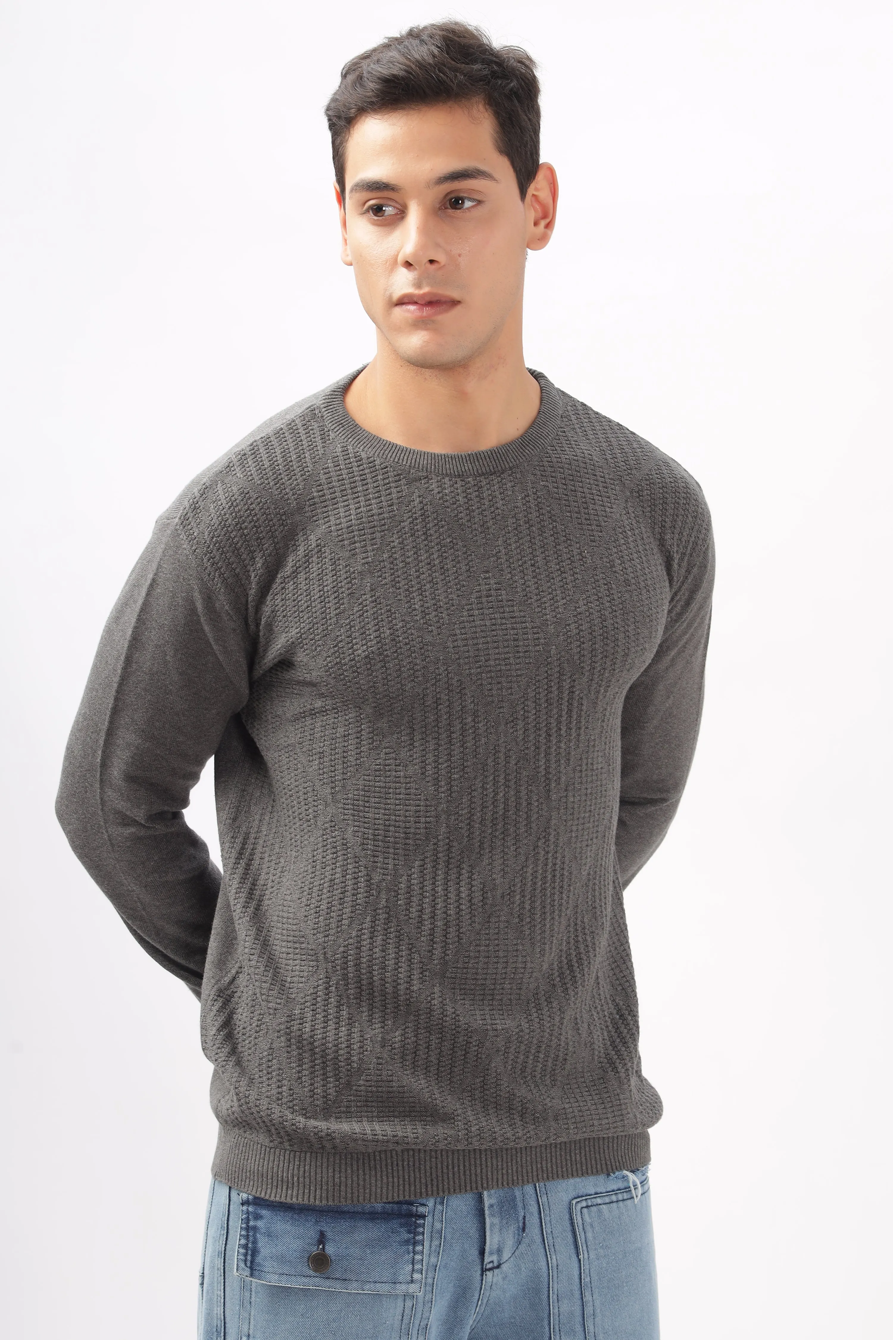 Diamond Knitted Gray Full-Sleeve T-Shirt