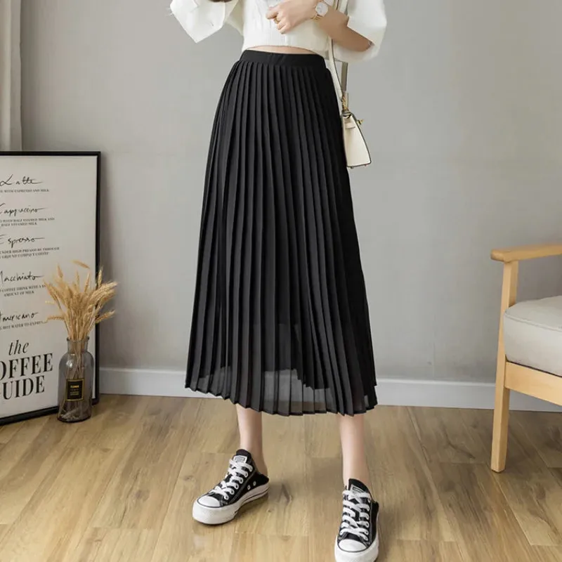 FashionSierra - New Fashion High Waist Pleated Long Women Summer Casual Solid Color A-line Chiffon Female Midi Skirt