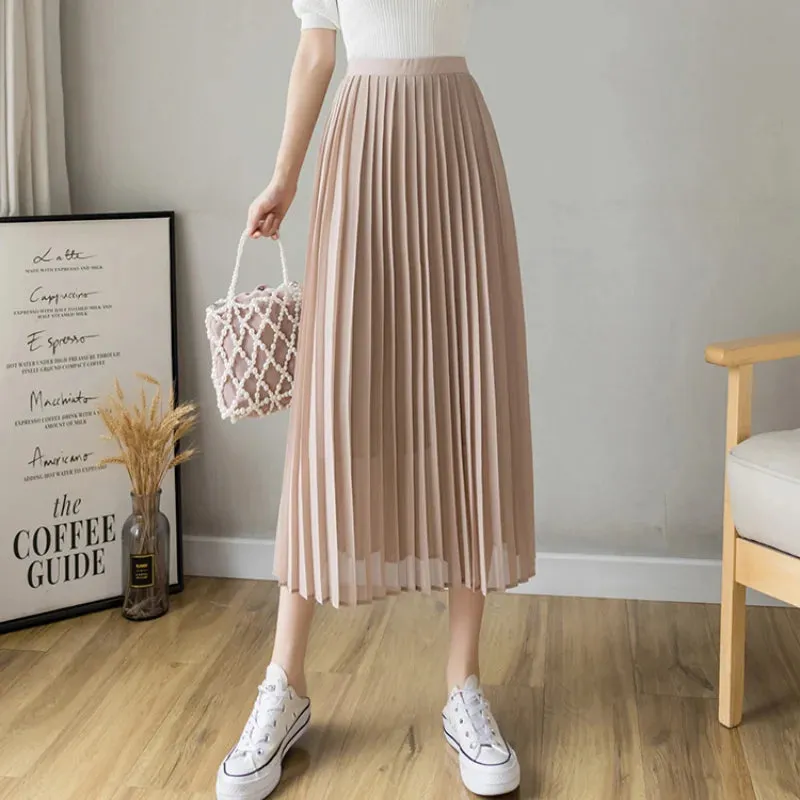 FashionSierra - New Fashion High Waist Pleated Long Women Summer Casual Solid Color A-line Chiffon Female Midi Skirt