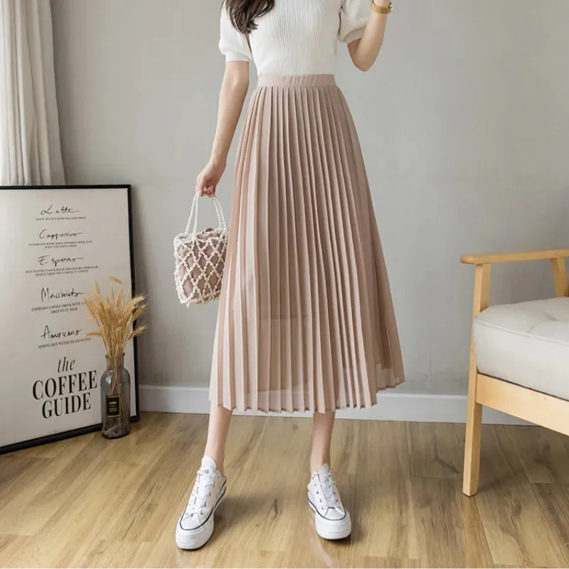 FashionSierra - New Fashion High Waist Pleated Long Women Summer Casual Solid Color A-line Chiffon Female Midi Skirt