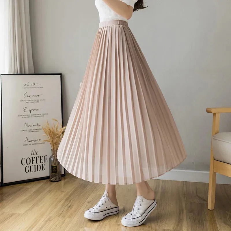 FashionSierra - New Fashion High Waist Pleated Long Women Summer Casual Solid Color A-line Chiffon Female Midi Skirt