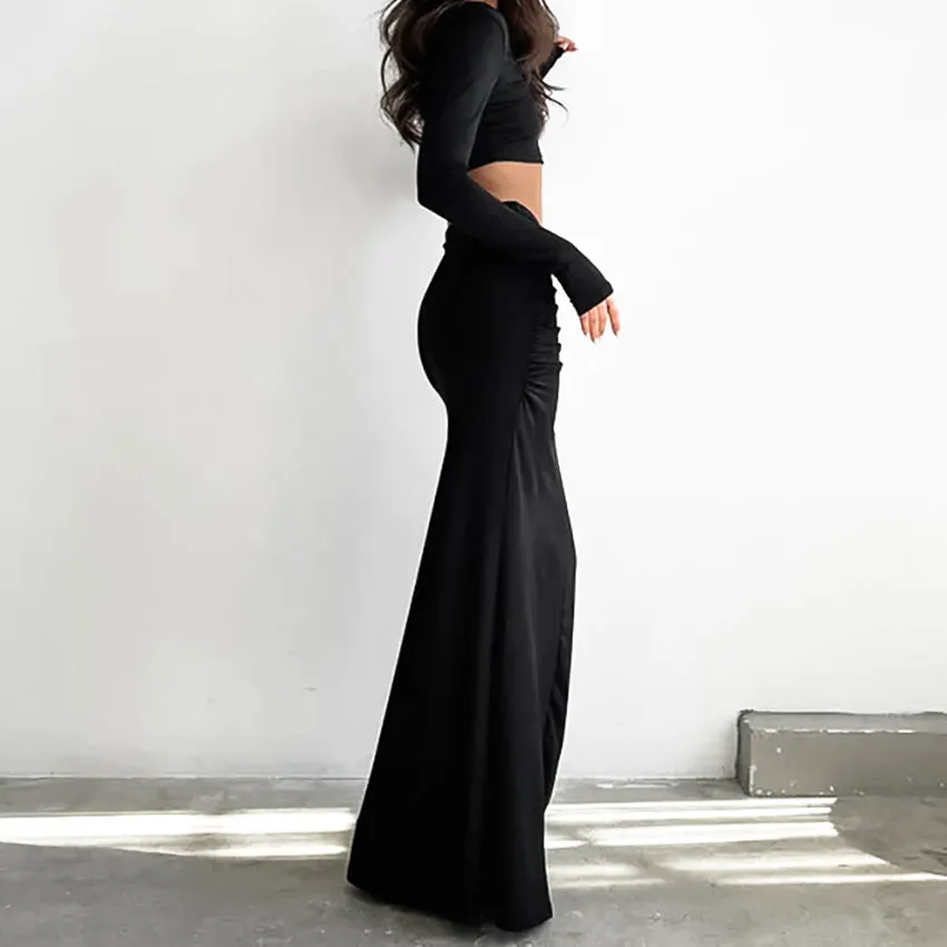 French Fishtail Skirt Black Pleated Sheath Dress Design Sense
