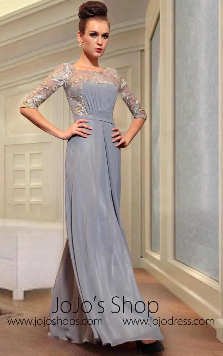 Gray Mid Sleeves Modest Evening Dress