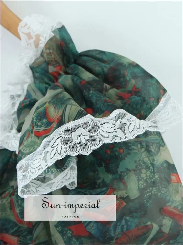 Green Organza Floral Print Short Puff Sleeve Square Neckline A-line Mini Dress With Lace Detail