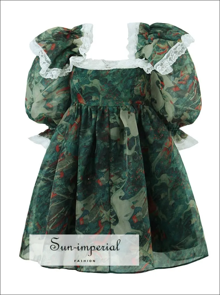 Green Organza Floral Print Short Puff Sleeve Square Neckline A-line Mini Dress With Lace Detail