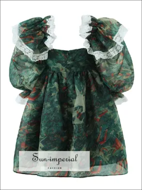 Green Organza Floral Print Short Puff Sleeve Square Neckline A-line Mini Dress With Lace Detail