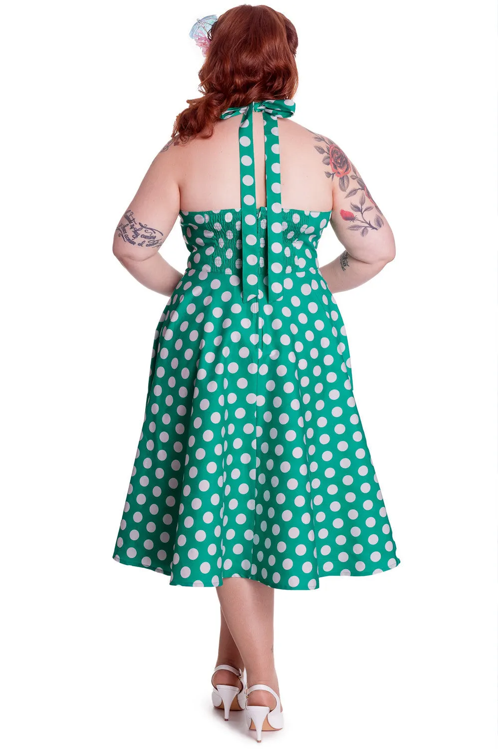 Hell Bunny Marian 50's Retro Halter Green and White Polka Dot Halter Dress