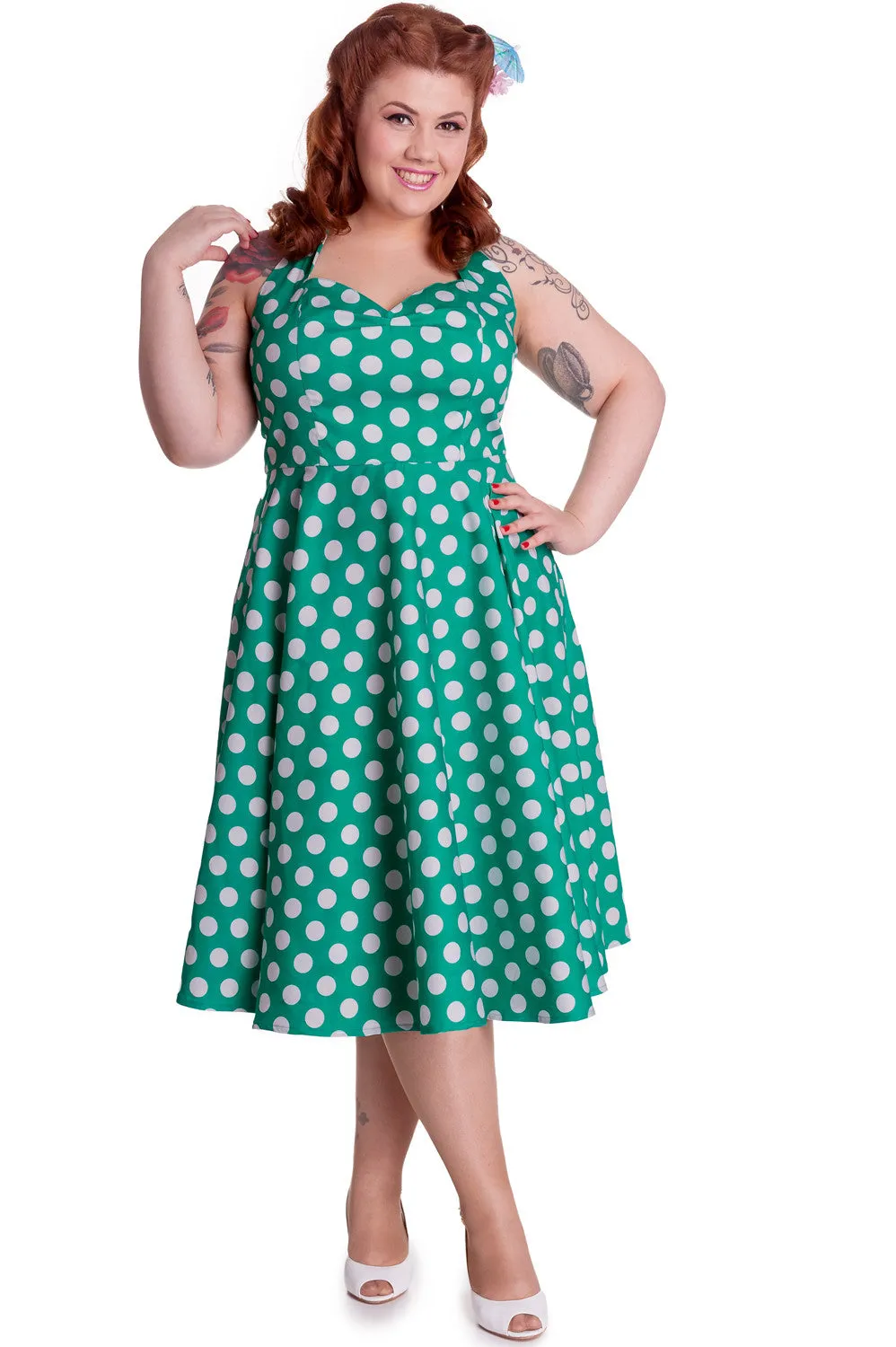 Hell Bunny Marian 50's Retro Halter Green and White Polka Dot Halter Dress