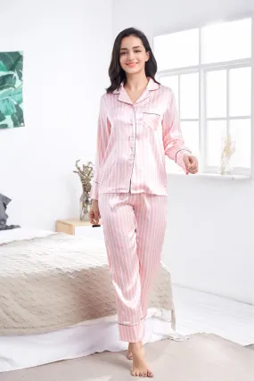 Imitated Silk Pajamas Women Striped Casual Homewear Thin Long Sleeved Trousers