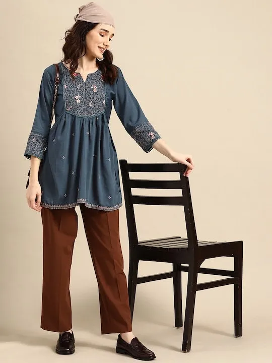 Indian Teal Blue Embroidered Longline Top