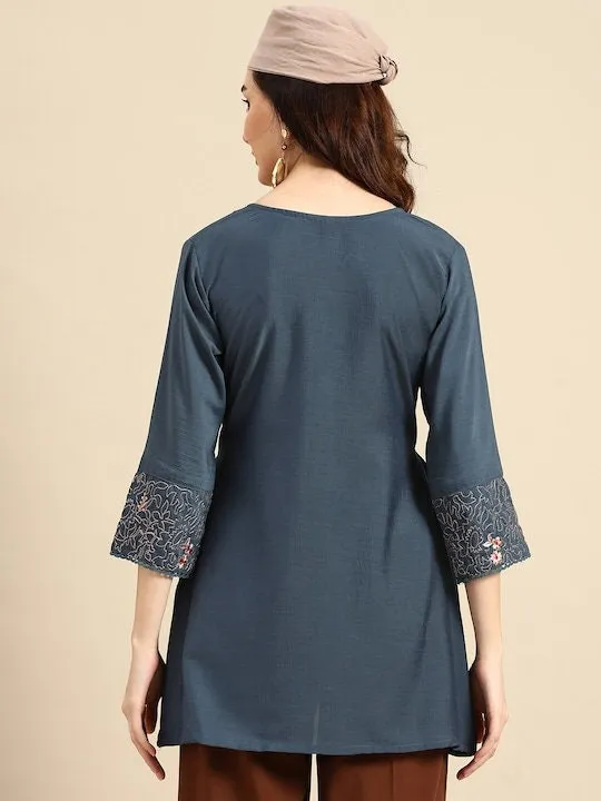 Indian Teal Blue Embroidered Longline Top