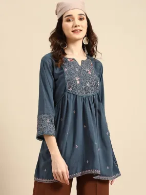 Indian Teal Blue Embroidered Longline Top