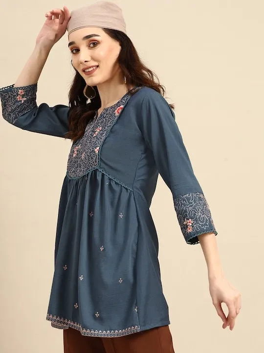 Indian Teal Blue Embroidered Longline Top