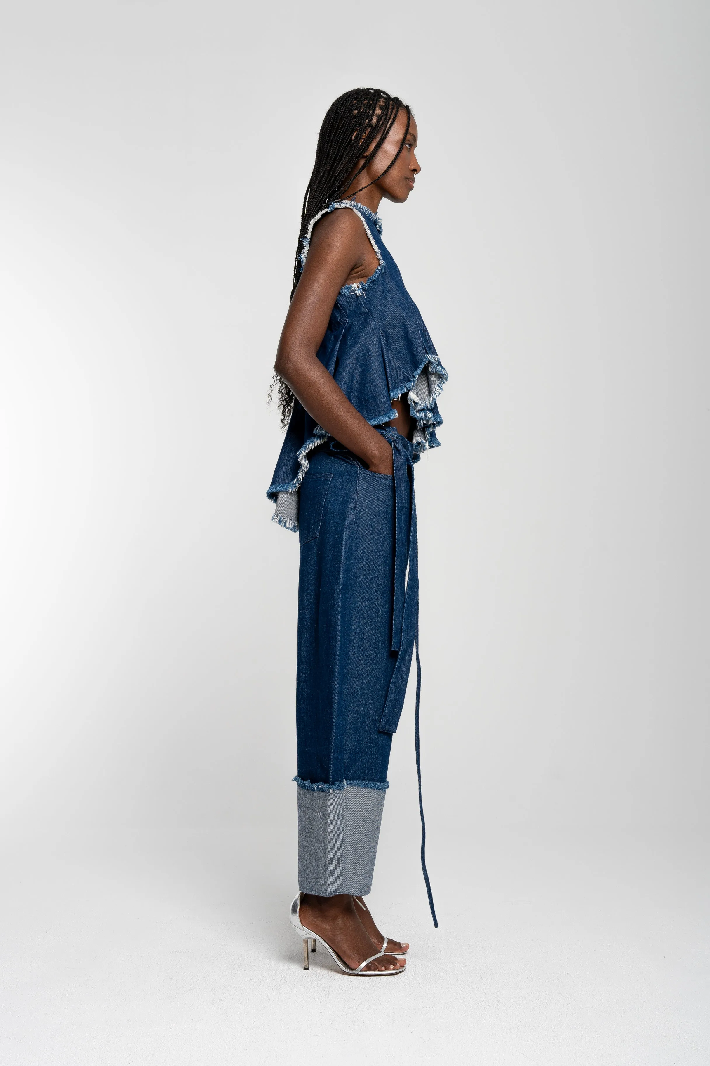 INDIGO ROLL UP TROUSERS WITH BELTS