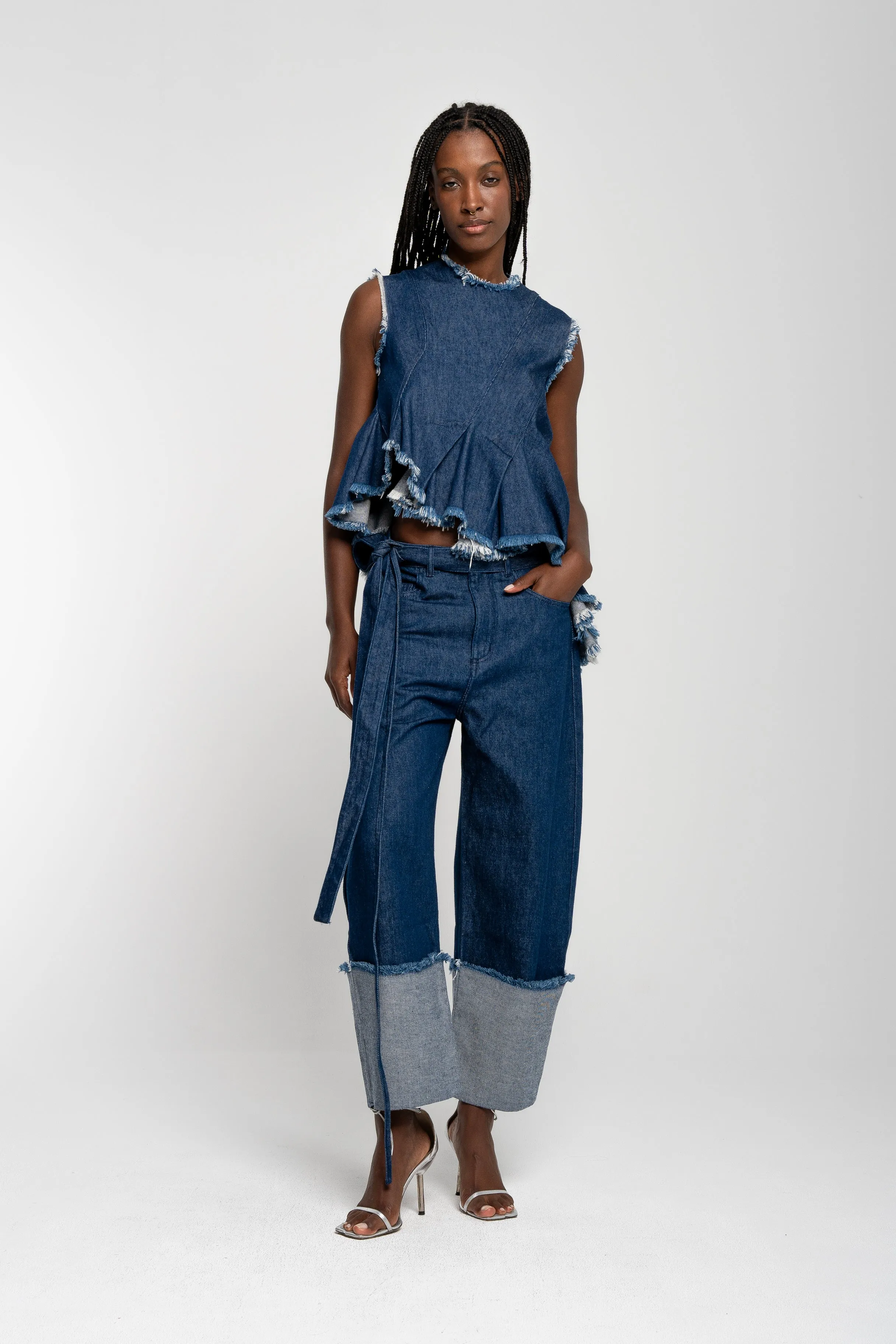 INDIGO ROLL UP TROUSERS WITH BELTS