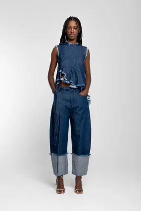 INDIGO ROLL UP TROUSERS WITH BELTS