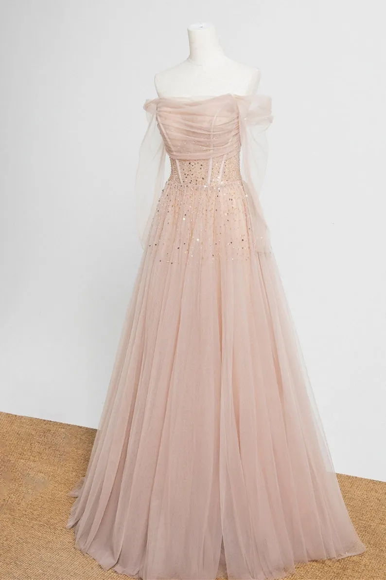Nude Long Sleeves Tulle and Sequins Long Prom Dress