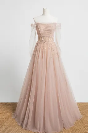 Nude Long Sleeves Tulle and Sequins Long Prom Dress